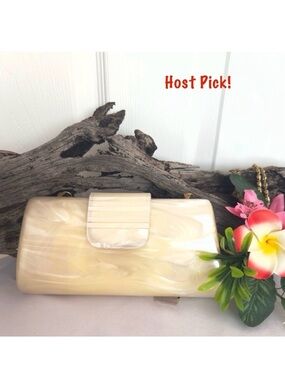 ELAN ~ Iridescent Mother of Pearl Cream Hard Body Clutch Bag w/Gold Tone Chain